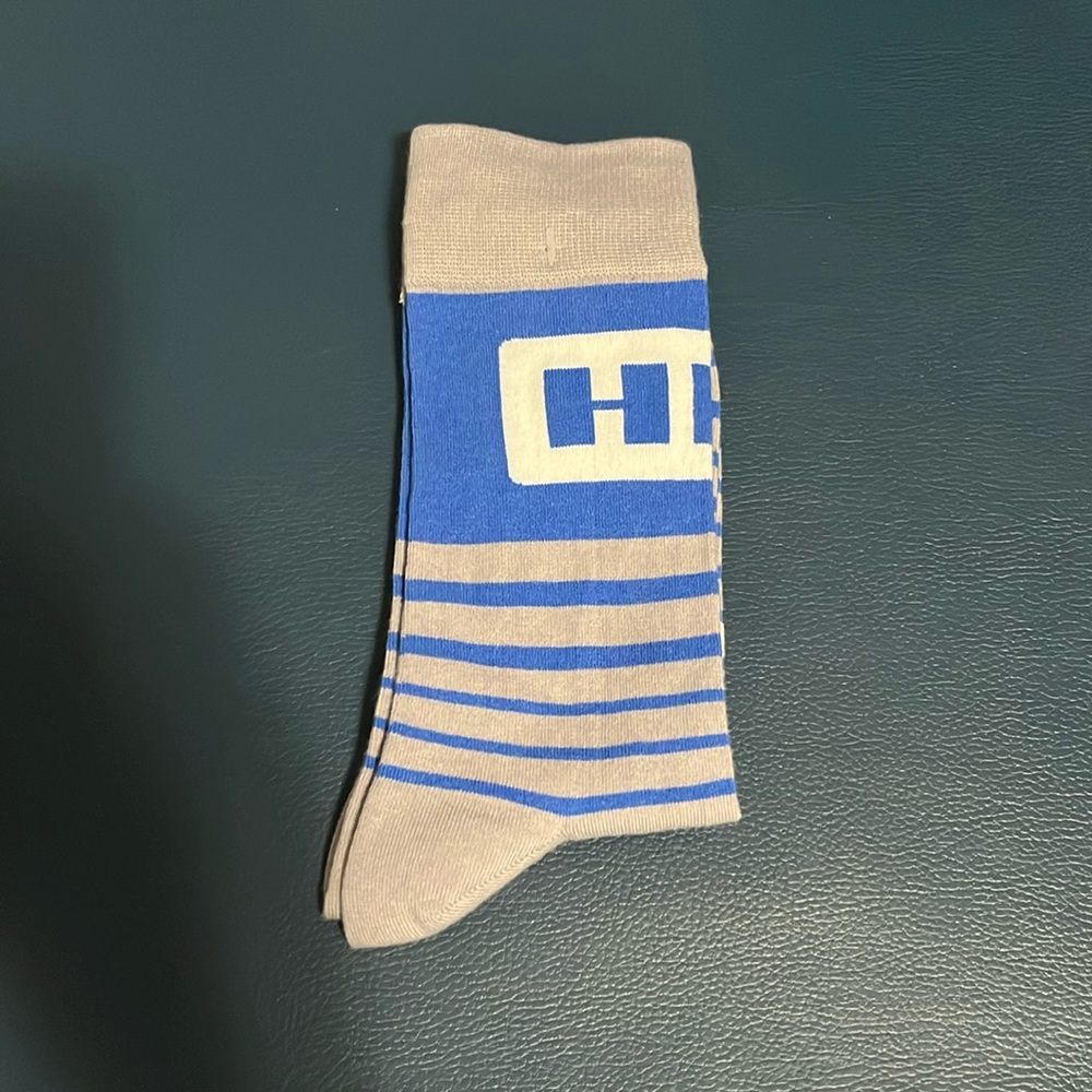 $2 Add-On New Men's Socks Logo HID Security Blue Grey White Stripes Promo Geek